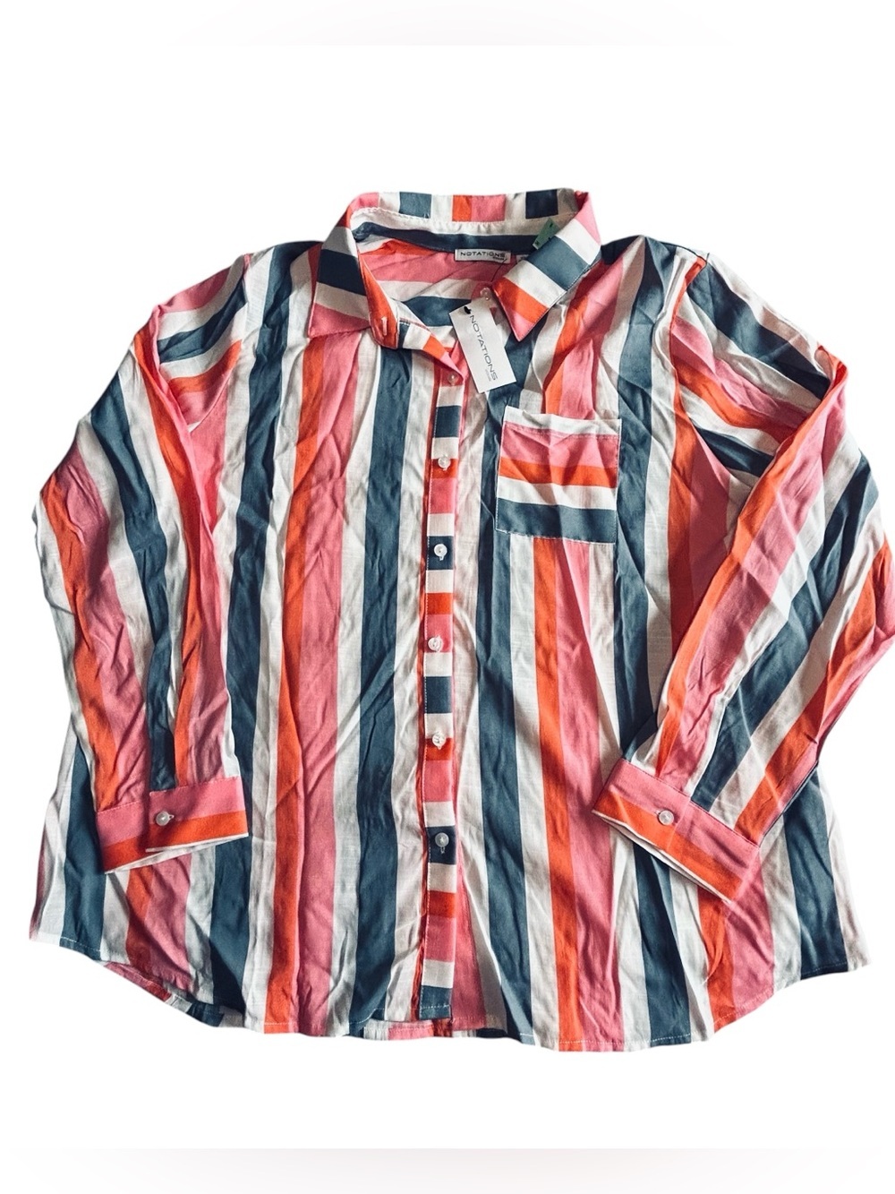 Notations Coral & Navy Vertical Stripe Button-Down Shirt